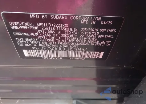 2020 Subaru Forester Limited from USA, damaged, VIN JF2SKAUCXLH540492